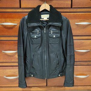 Michael Kors Black Genuine Leather Aviator Jacket with Sherpa Collar XS
